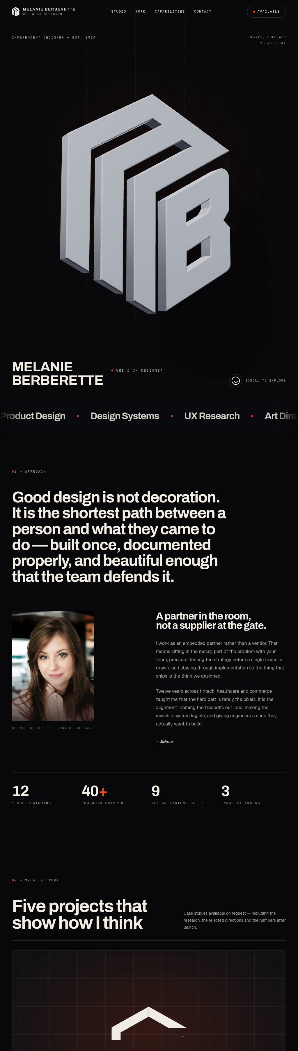 Scroll capture of the Melanie Berberette studio site